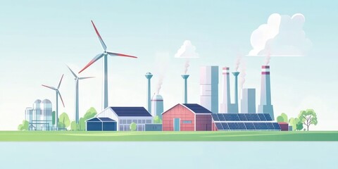 Obraz premium Sustainable energy transformation concept with wind turbines and solar panels powering a low carbon economy