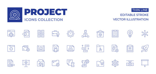 Project icons collection. Thin Line icons, editable stroke. prioritize, project, deployment, folder, plan, presentation, project management, settings, target, technical drawing, time