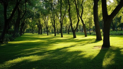 Obraz premium A tranquil green park with walking paths, shaded by rows of large trees.