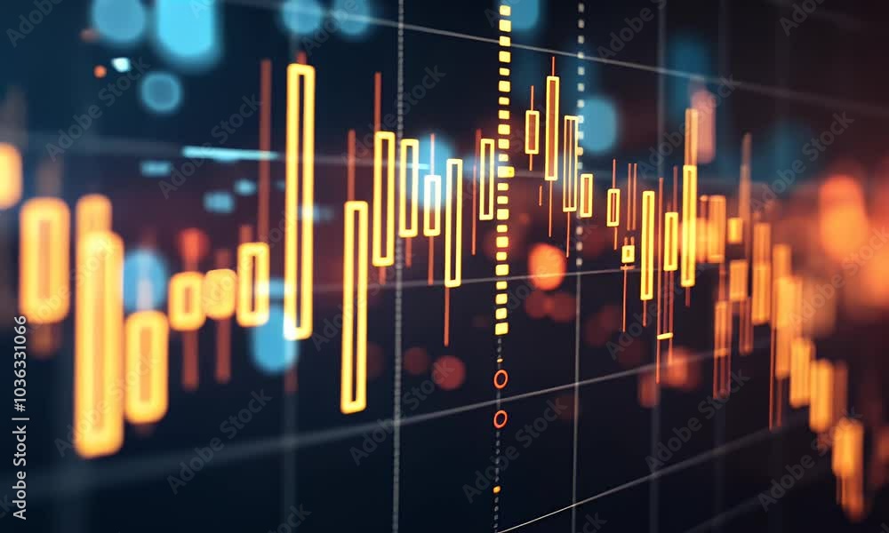 Poster a stock market graph with candlestick charts and an arrow pointing upwards, indicating potential gro