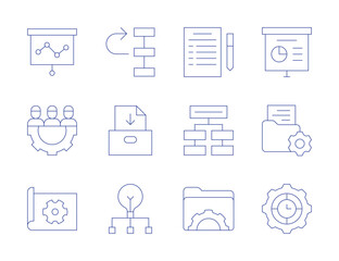 Project icons. Thin Line style, editable stroke. presentation, project, priority, project management, briefing, delegate, folder, physics, productivity