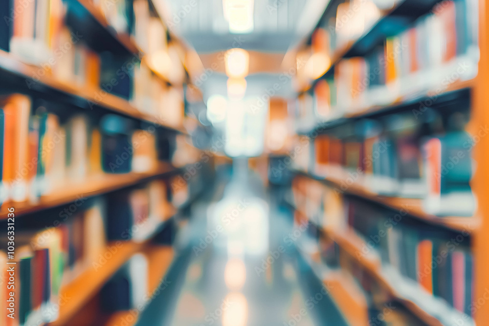 Poster abstract blurred public library interior space. blurry room with bookshelves by defocused effect. us