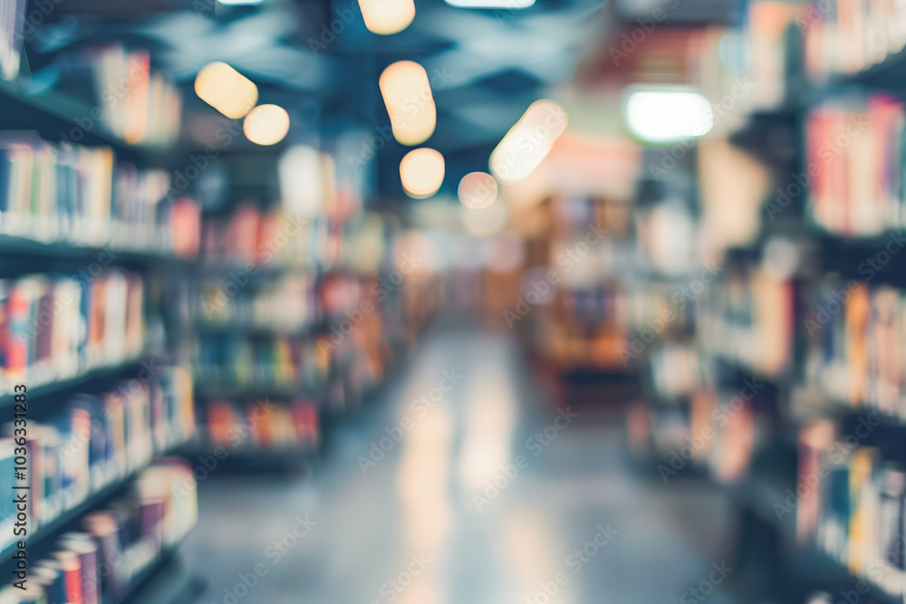 Poster abstract blurred public library interior space. blurry room with bookshelves by defocused effect. us