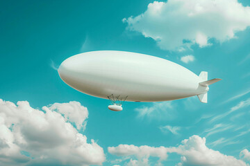 A white blimp without any markings, a blank canvas or banner space with a blue sky in the background. A lighter than air ship flying high with room to put your own ad.