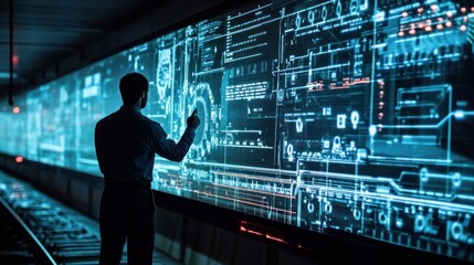 Train rail network engineering illustrated by virtual data panels used by engineers for smart transportation control