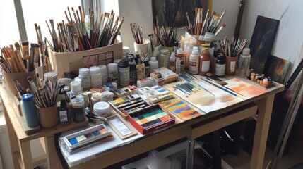 Obraz premium A cluttered artist's workspace filled with brushes, paints, and various art supplies.