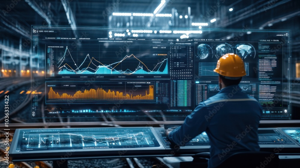 Poster virtual interface showing detailed analysis of transportation data, with engineer monitoring electri