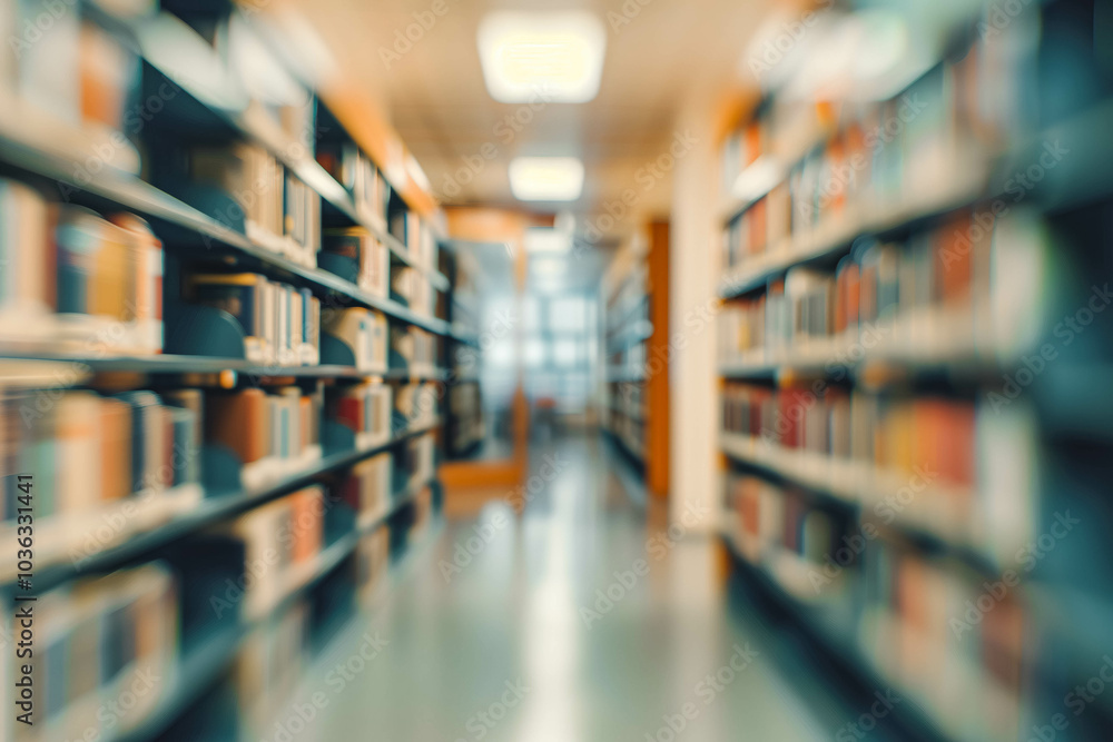 Poster abstract blurred public library interior space. blurry room with bookshelves by defocused effect. us