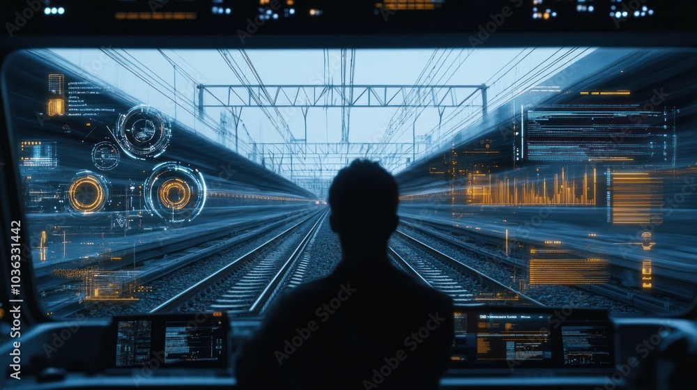 Poster virtual interface showing detailed analysis of transportation data, with engineer monitoring electri