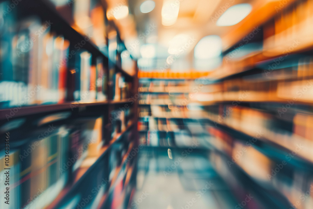 Poster abstract blurred public library interior space. blurry room with bookshelves by defocused effect. us