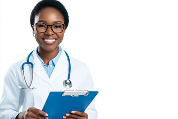 Fototapeta premium A smiling woman wearing a white lab coat and glasses is holding a clipboard