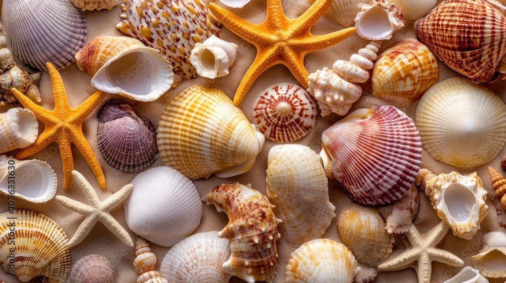 Poster a collection of colorful seashells and starfish arranged aesthetically on a surface.