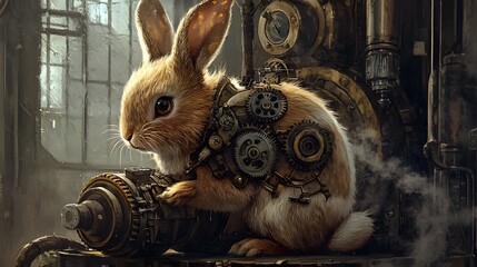 A steampunk bunny with gears embedded in its fur tinkering with a steam-powered machine