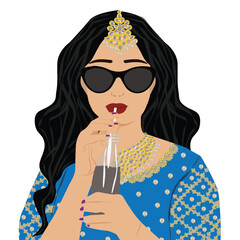 vector Indian bride cartoon in traditional dress unique posing for wedding invitation card design or welcome boards	
