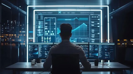 Fototapeta premium A person working at a desk with multiple monitors displaying data and graphs in a modern office environment.