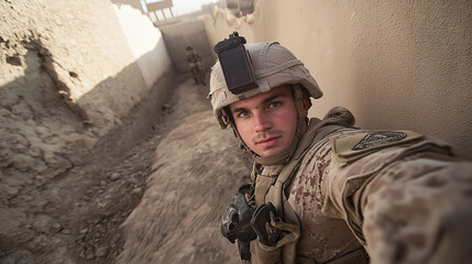 Fototapeta premium Frontline Selfie Soldier Documenting War Zone Experience