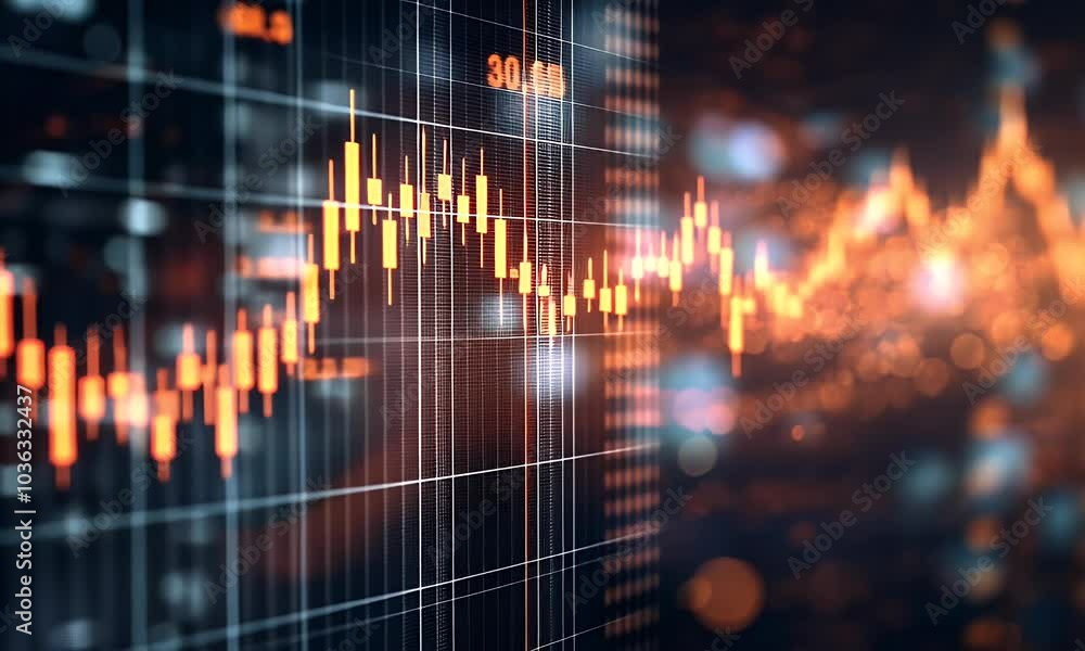 Poster a stock market graph on an abstract background with bokeh lights, displaying candlesticks and lines 