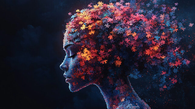 A vibrant, stylized illustration of a puzzle-like abstract hairstyle, perfect for mental health awareness campaigns, creative workshops, or artistic projects.