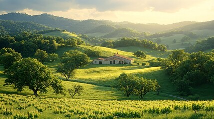 Obraz premium Serene Green Grassland with Scattered Trees
