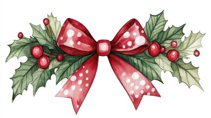 Watercolor Christmas Bow with Holly and Berries   Festive Holiday Decoration