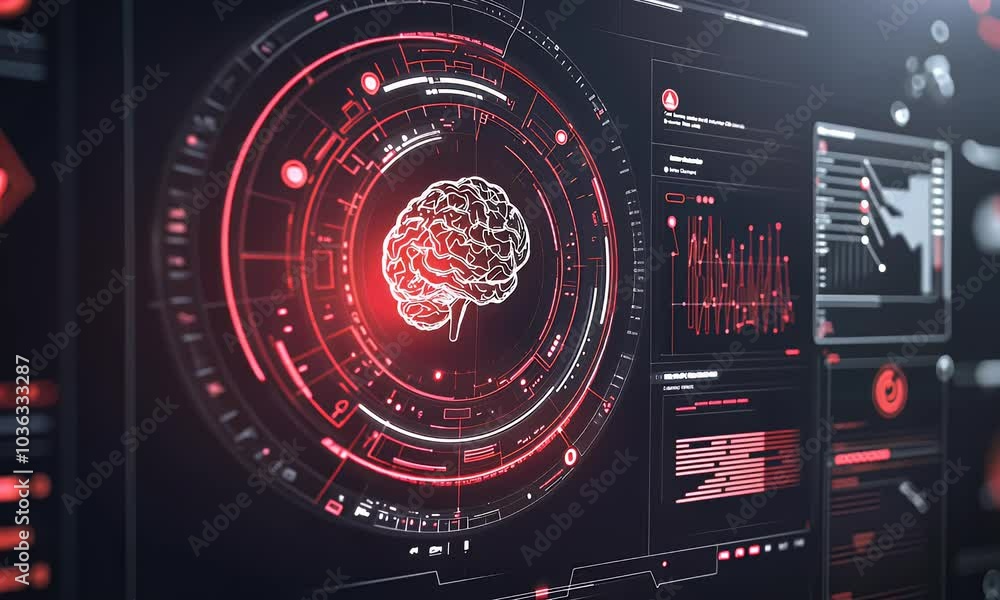 Poster futuristic holographic interface displaying cybersecurity data, with a red and black color theme. a 