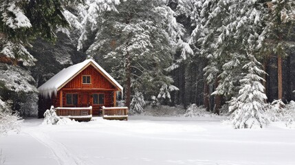 A cozy wooden cabin surrounded by snow-covered trees in a tranquil winter landscape.