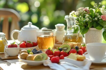 Delightful Morning Spread Fresh Fruits Herbal Tea and Sweet Treats for a Perfect Start to Your Day