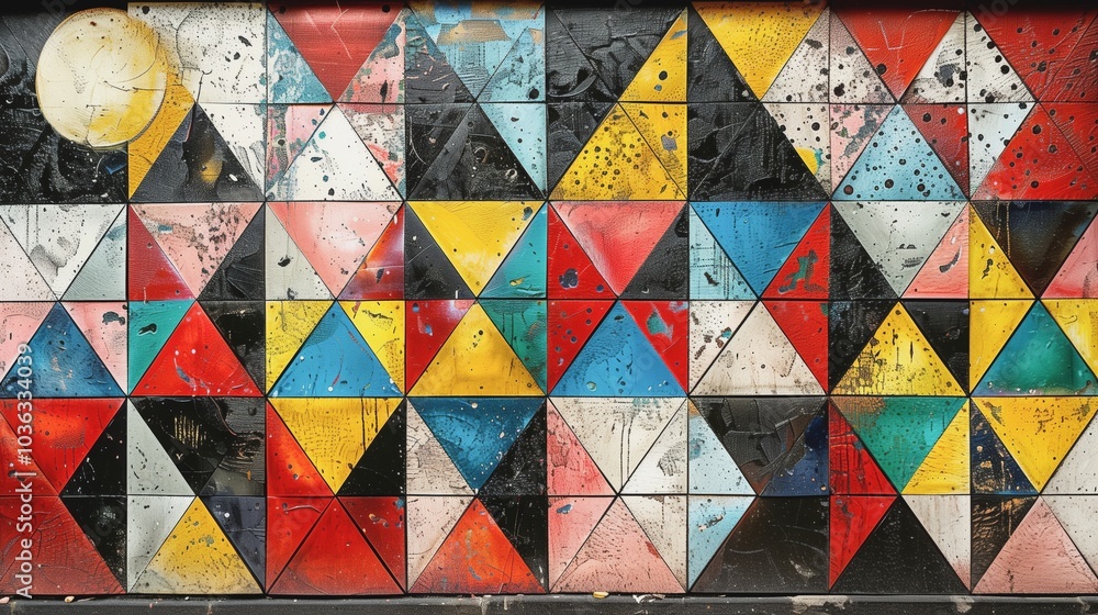 Poster vibrant and dynamic mural with a colorful abstract triangle pattern featuring a weathered texture