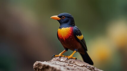 Fototapeta premium A colorful bird with black, red, orange, and yellow plumage perched on a tree branch with a blurred green background.