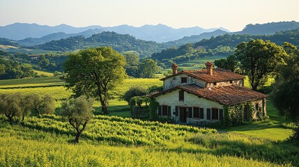 Obraz premium Serene Grassland Surrounded by Trees and Mountains
