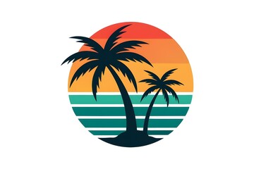 Summer sunset tropical beach line art vector illustration, hand drawn sunset and sunrise outline landscape tropical beach, palm tree with sunset waves Nature
