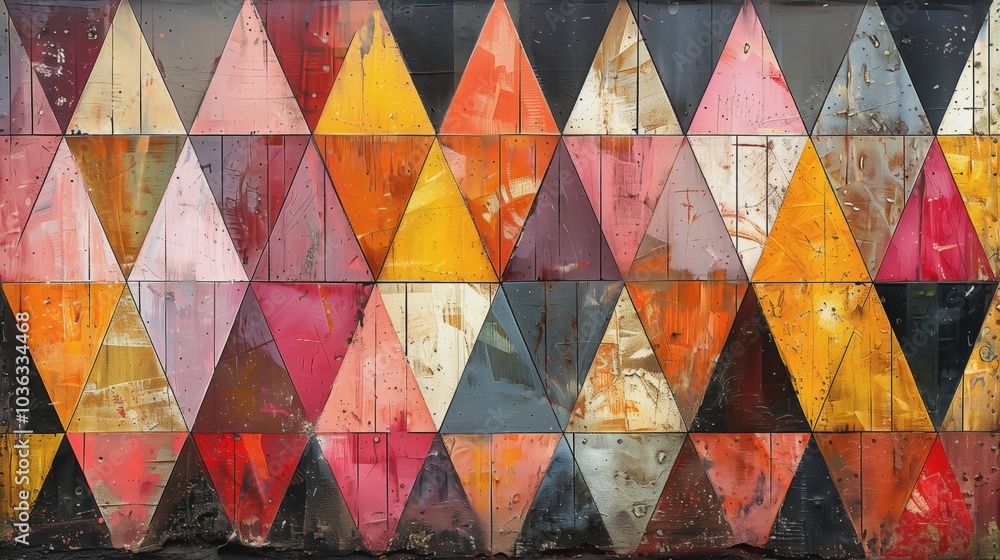 Poster an abstract geometric pattern with colorful triangles and rectangles for modern designs