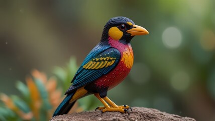 Obraz premium A colorful bird with black, yellow, red, and blue plumage perches on a rock with a blurred green background.
