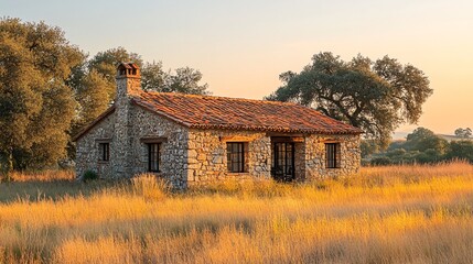 Fototapeta premium Rustic Stone Winery in a Serene Flat Landscape