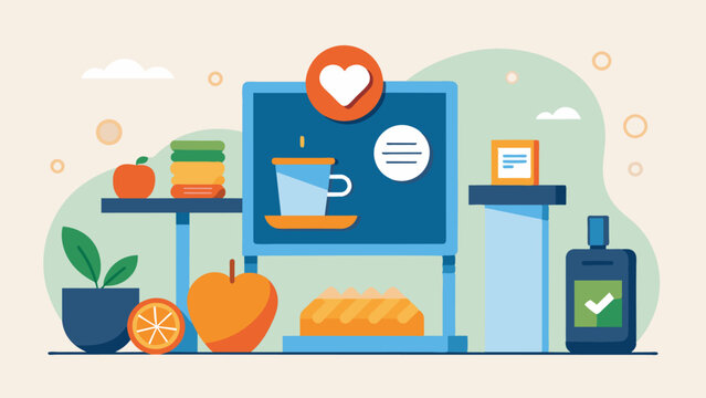 The gym offers a variety of healthy snack options and promotes mindful eating habits instead of restrictive diets.. Vector illustration