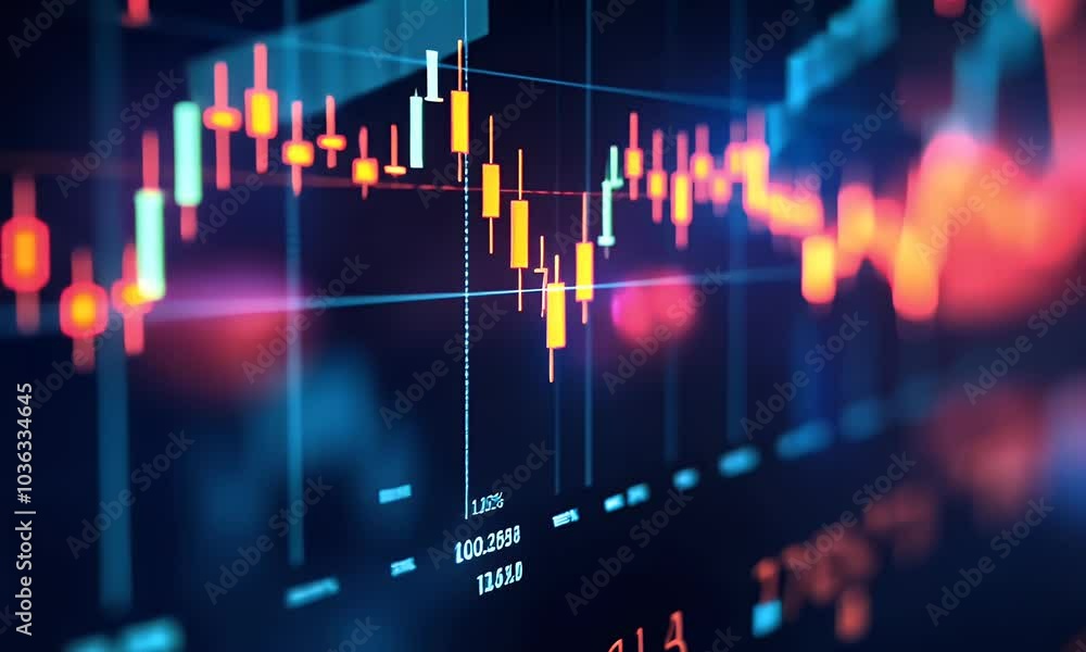 Poster a stock market graph on an abstract background with bokeh lights, displaying candlesticks and lines 