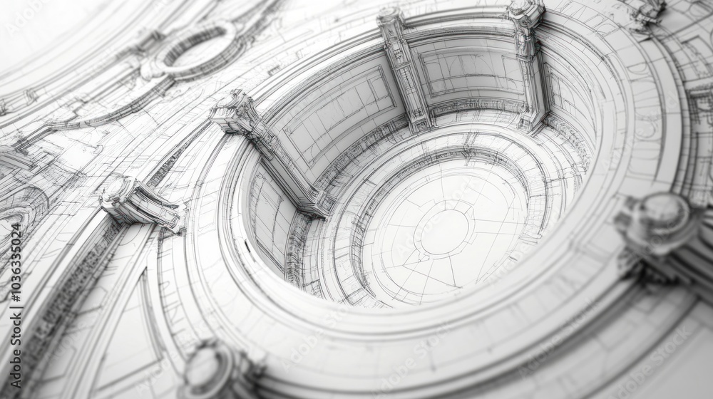 Poster a detailed architectural wireframe design showcasing intricate circular patterns.