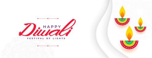 happy diwali greeting 2024 white banner with artistic diya