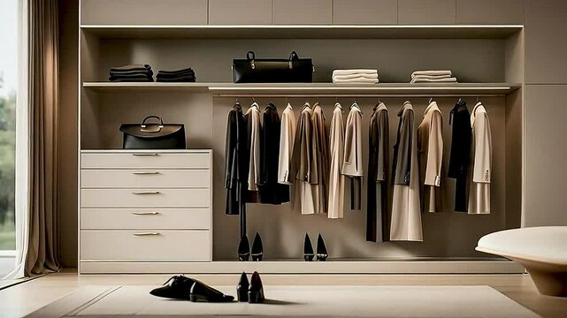 a walk-in closet with a white dresser and a shoe rack .