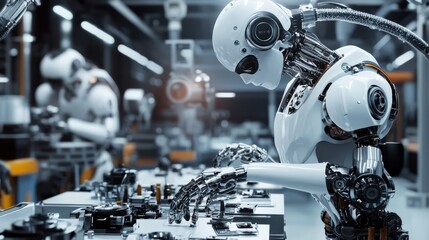 Fototapeta premium A futuristic robot repair facility, bustling workshop with humanoid and animal-like robots undergoing maintenance, Steampunk style