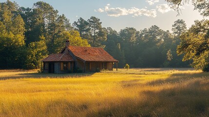 Obraz premium Serene Rustic Cabin in Peaceful Grassland
