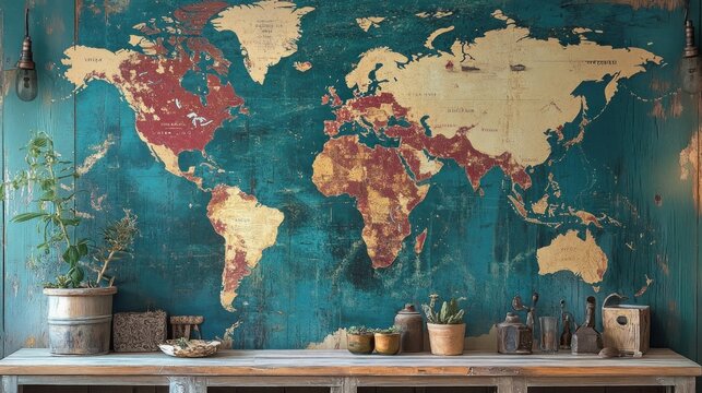 A vintage world map mural on a textured wall above a rustic wooden table with plants and objects.