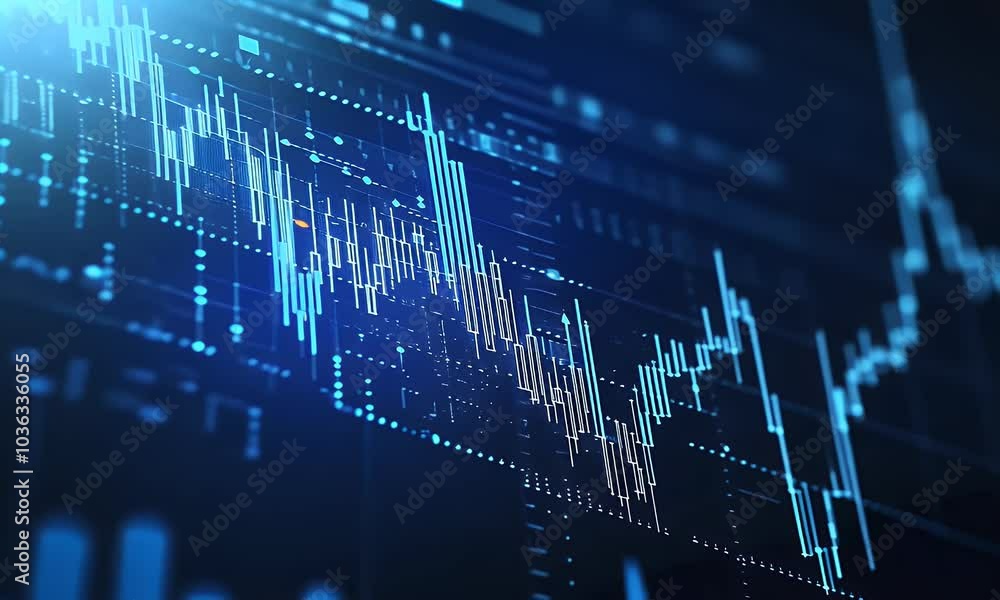 Poster a stock market graph on an abstract background with bokeh lights, displaying candlesticks and lines 