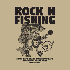 retro cartoon emblem of bass fish playing guitar