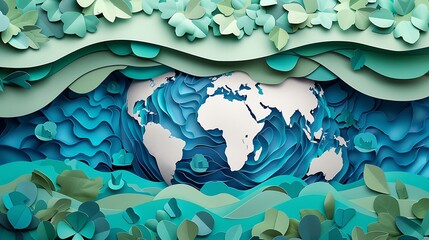 A vibrant, paper-cut style illustration of the Earth surrounded by waves and foliage, symbolizing environmental awareness.