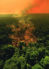 Dramatic Aerial View of Amazon Rainforest Deforestation with Thick Smoke Under Orange Sky Highlighting Environmental Impact and Urgent Need for Conservation