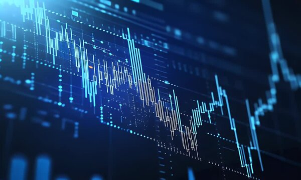 A stock market graph on an abstract background with bokeh lights, displaying candlesticks and lines representing the business concept of trading or finance,