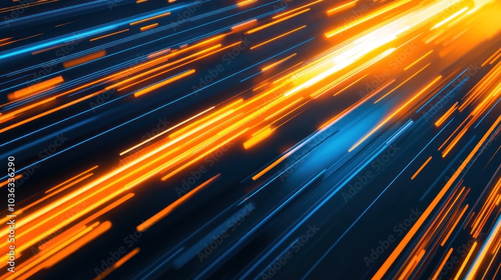 Poster a vibrant abstract representation of speed with dynamic lines in orange and blue hues.