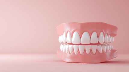 Fototapeta premium Set of realistic dentures on a pink background, dental model display.