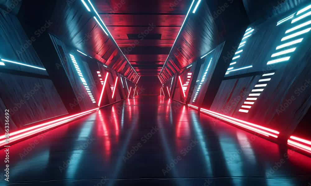 Poster 3d render, an abstract futuristic tunnel background with neon blue and red lights on dark black geom